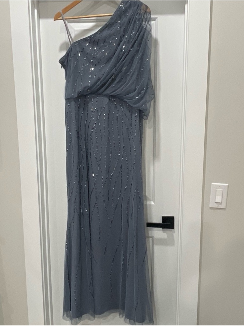 Adrianna Papell Gray One-Shoulder Sequin Evening Dress